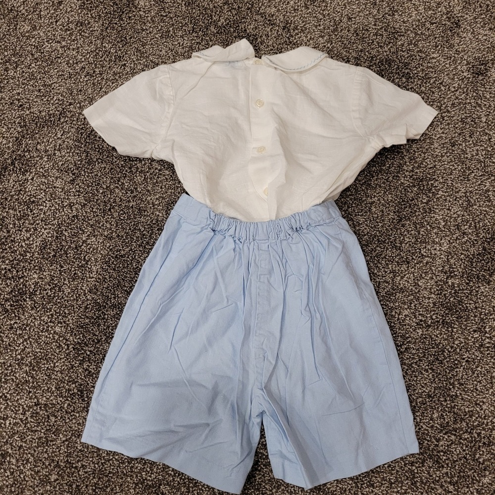 Luli & Me Boys 24M Smocked Bobby Suit Set White Blue Linen Cotton 2pc Outfit - Picture 6 of 9